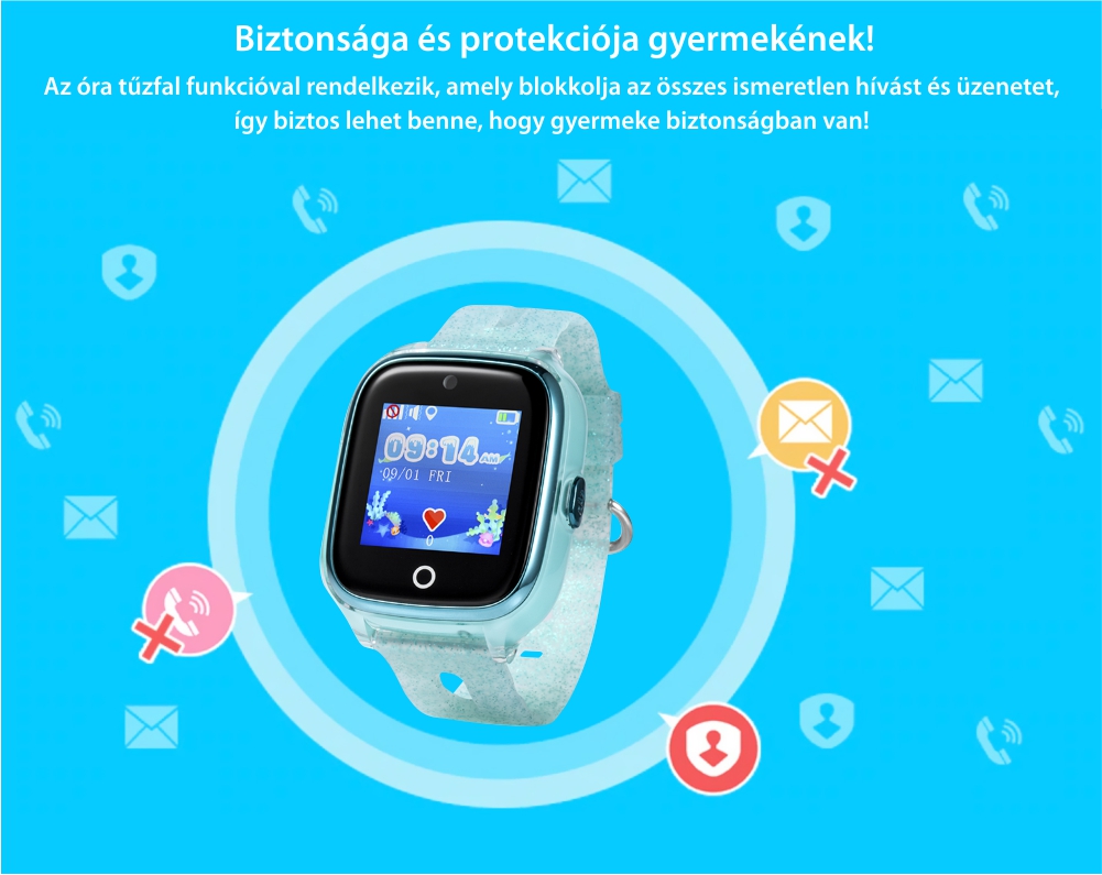 Promóciós csomag Gyerekóra + Üvegvédő fólia  Xkids X10 telefon funkcióval, GPS helymeghatározás, Hívásfigyelés, Kamera, Lépésszámláló, SOS, IP54, Kék