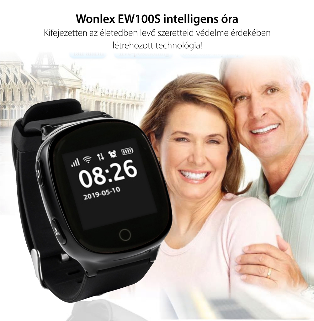 Okosóra felnőtteknek / idősebbeknek Wonlex EW100S Tárcsázási funkcióval, Impulzusérzékelő, GPS nyomkövető, Lépésszámláló, Fekete