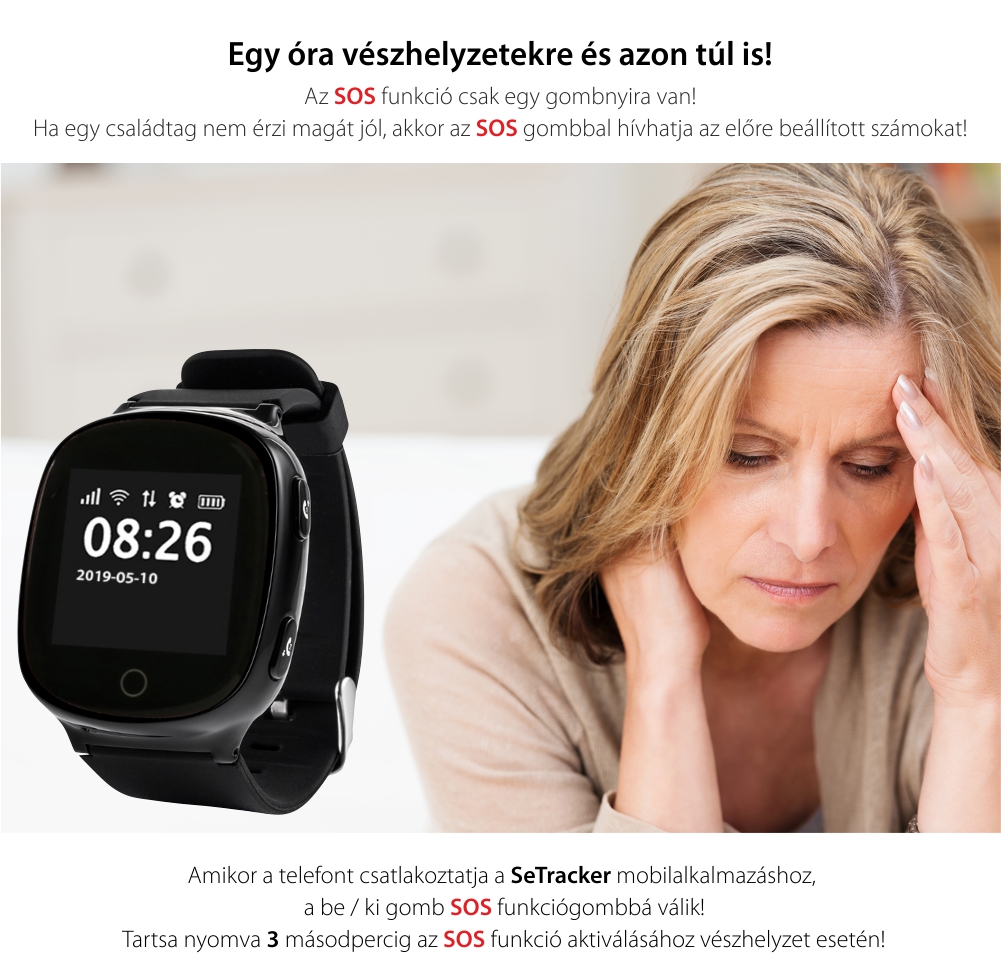 Okosóra felnőtteknek / idősebbeknek Wonlex EW100S Tárcsázási funkcióval, Impulzusérzékelő, GPS nyomkövető, Lépésszámláló, Fekete