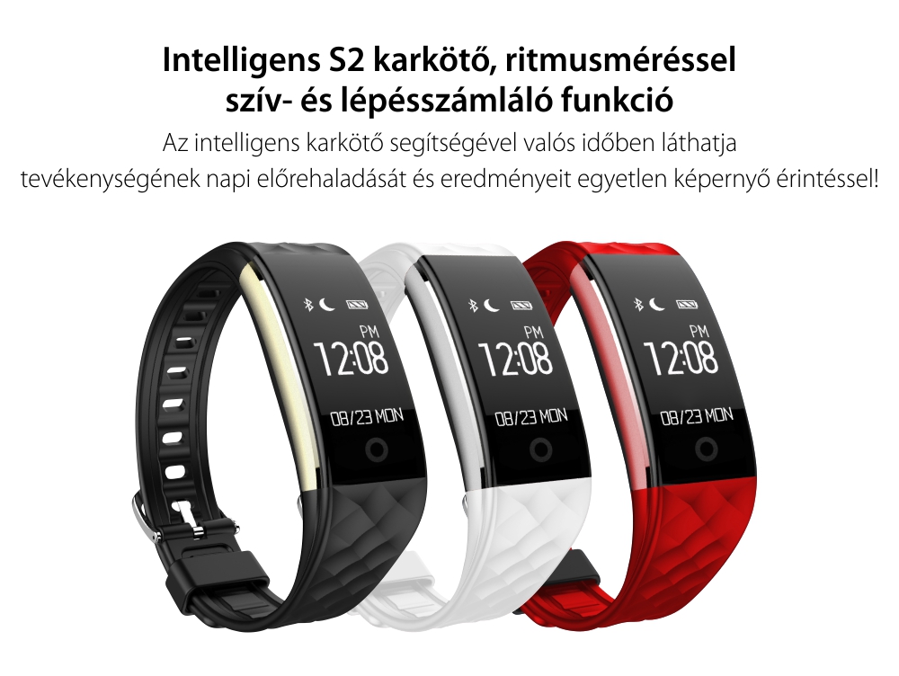 Intelligens fitnesz karkötő S2 Pulzusmérővel, Értesítések, Lépésszámláló, Bluetooth, Fehér