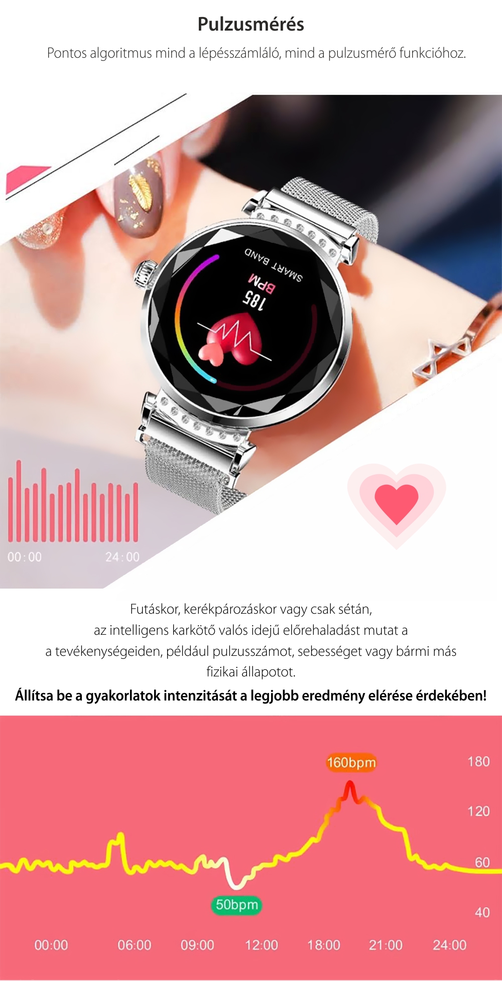 Női Okosóra fitnesz H2 Pulzusmérő funkció, Értesítések, Lépésszámláló, Bluetooth, Fém, Kék