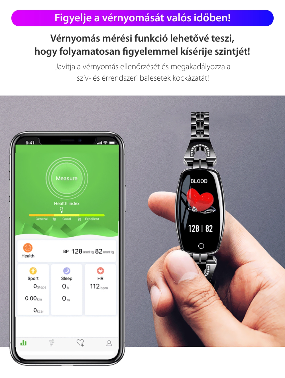 Okosóra fitnesz H8 Pulzusmérő funkció, Vérnyomásmérő funkció, Értesítések, Lépésszámláló, Bluetooth, Fém, Rózsaszín-Arany