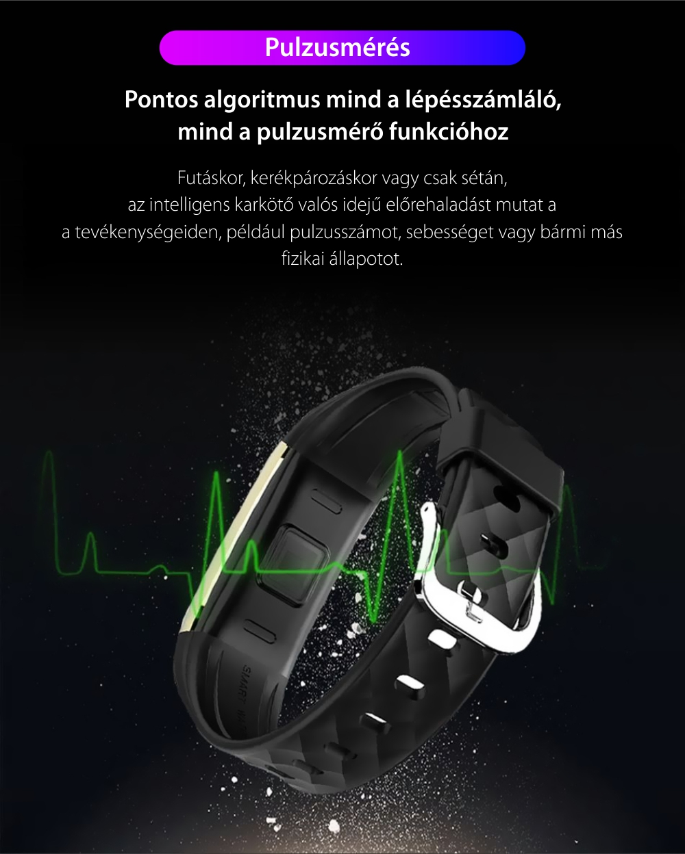 Intelligens fitnesz karkötő S2 Pulzusmérővel, Értesítések, Lépésszámláló, Bluetooth, Fekete