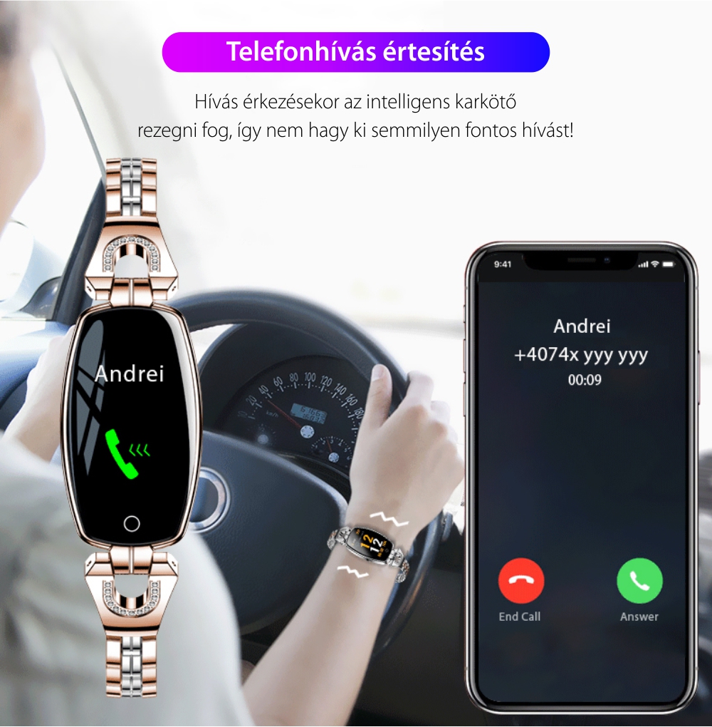 Okosóra fitnesz H8 Pulzusmérő funkció, Vérnyomásmérő funkció, Értesítések, Lépésszámláló, Bluetooth, Fém, Rózsaszín-Arany