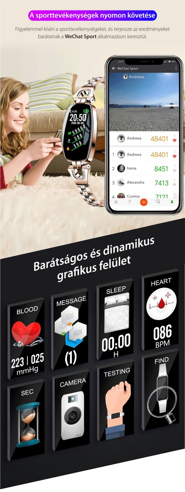 Okosóra fitnesz H8 Pulzusmérő funkció, Vérnyomásmérő funkció, Értesítések, Lépésszámláló, Bluetooth, Fém, Fekete