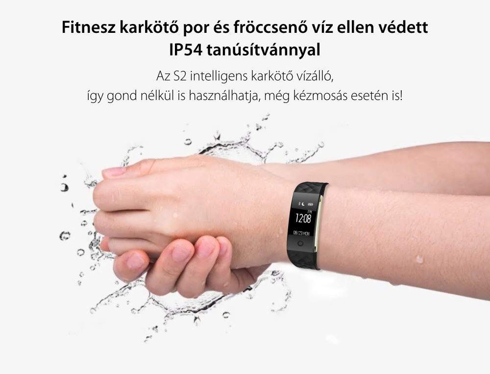 Intelligens fitnesz karkötő S2 Pulzusmérővel, Értesítések, Lépésszámláló, Bluetooth, Fekete