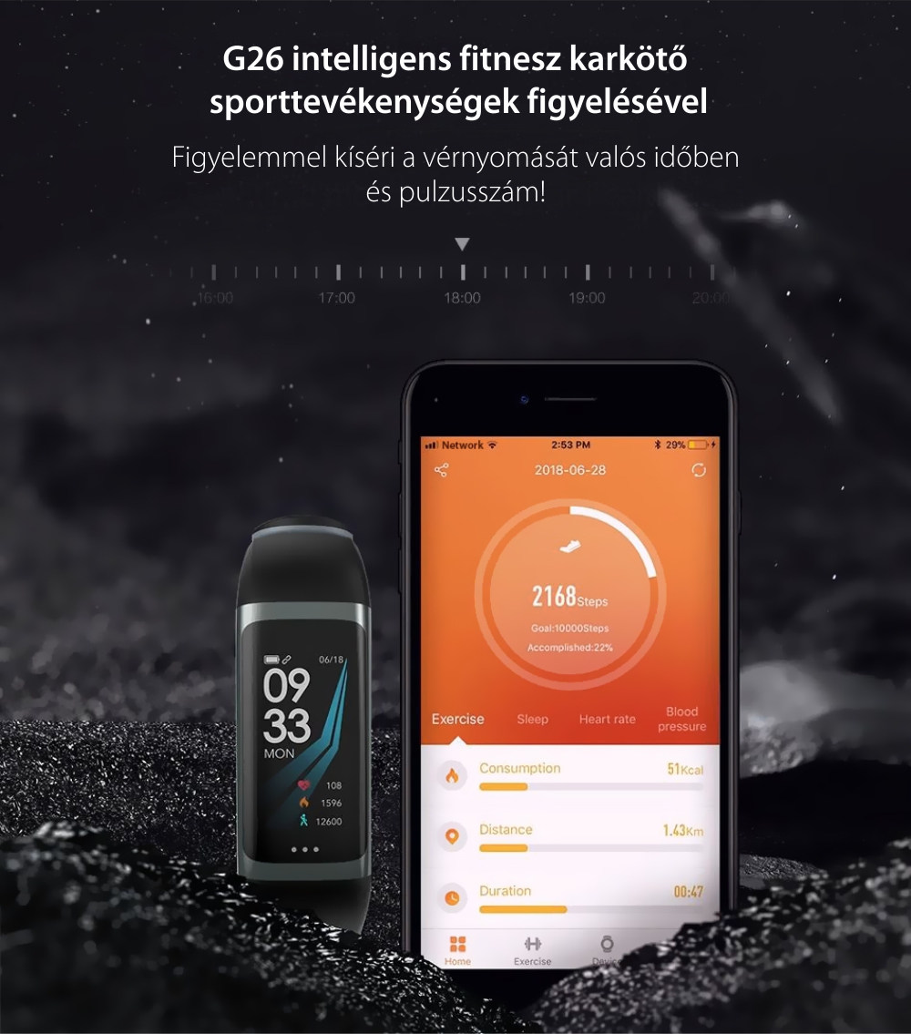 Intelligens fitnesz karkötő G26 Alvásfigyelősel, Pulzusmérő funkció, Vérnyomásmérő funkció, Időzítővel, Lépésszámláló, IP54, Piros