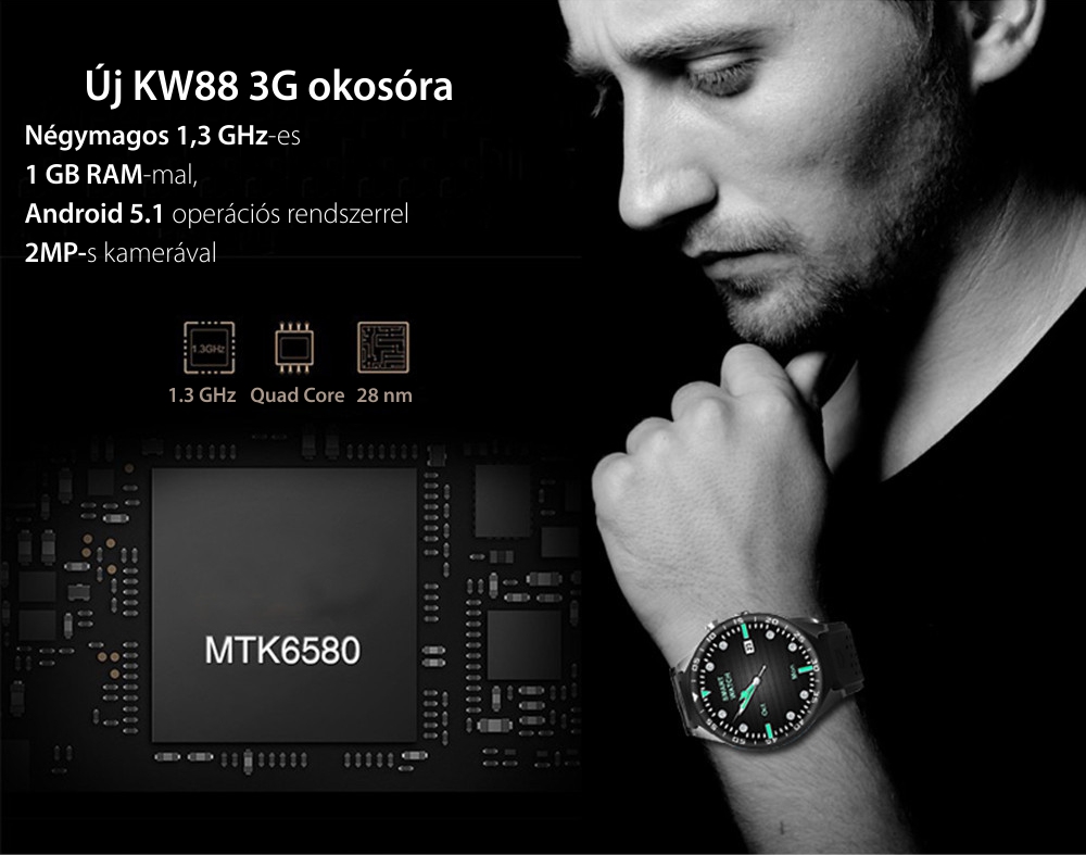 Okosóra KW88 Tárcsázás funkcióval, Impulzus érzékelő, Kamera, Értesítések, Lépésszámláló, GPS, WiFi, 3G, Android, Ezüst színű