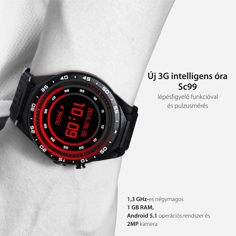 Okosóra S99C Tárcsázás funkcióval, Impulzus érzékelő, Kamera, Értesítések, Lépésszámláló, GPS, WiFi, Belső memória 2GB, 3G, Android, Fekete