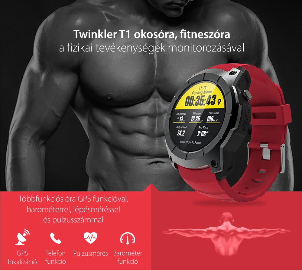 Okosóra TKY-T1 Tárcsázási funkcióval, pulzusszám, GPS, Barométer, Lépésszámláló, Piros