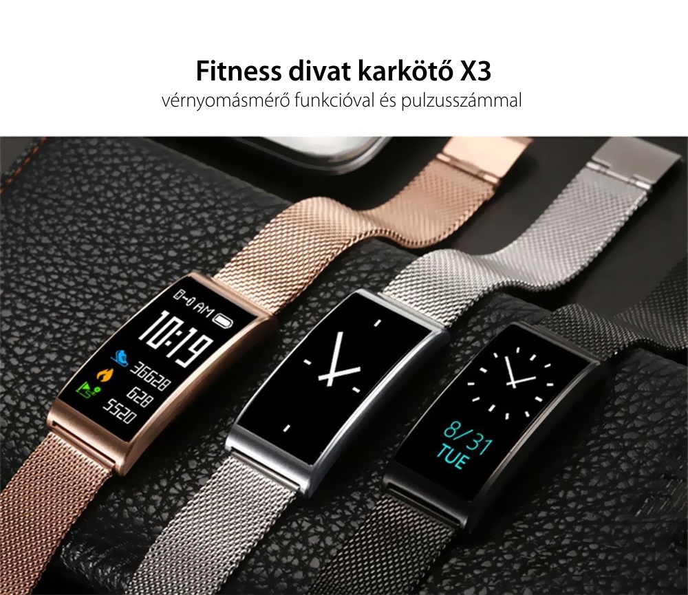 Intelligens fitnesz karkötő X3 Pulzusmérő funkció, Vérnyomásmérő funkció, Alvásfigyelő, Értesítések, Lépésszámláló, Bluetooth, Ezüst színű