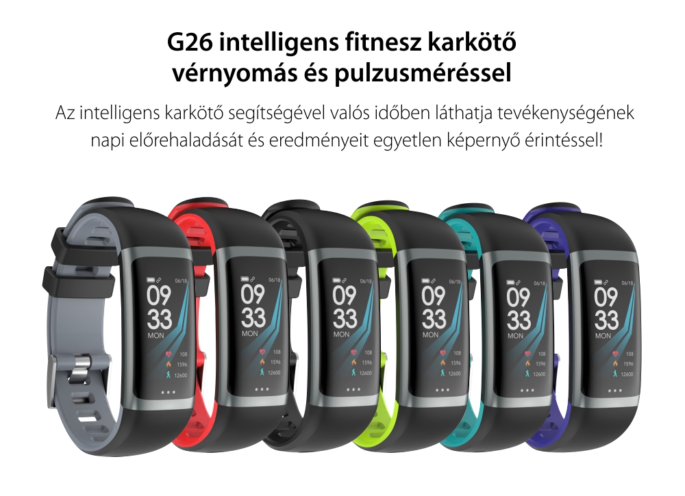 Intelligens fitnesz karkötő G26 Alvásfigyelősel, Pulzusmérő funkció, Vérnyomásmérő funkció, Időzítővel, Lépésszámláló, IP54, Piros