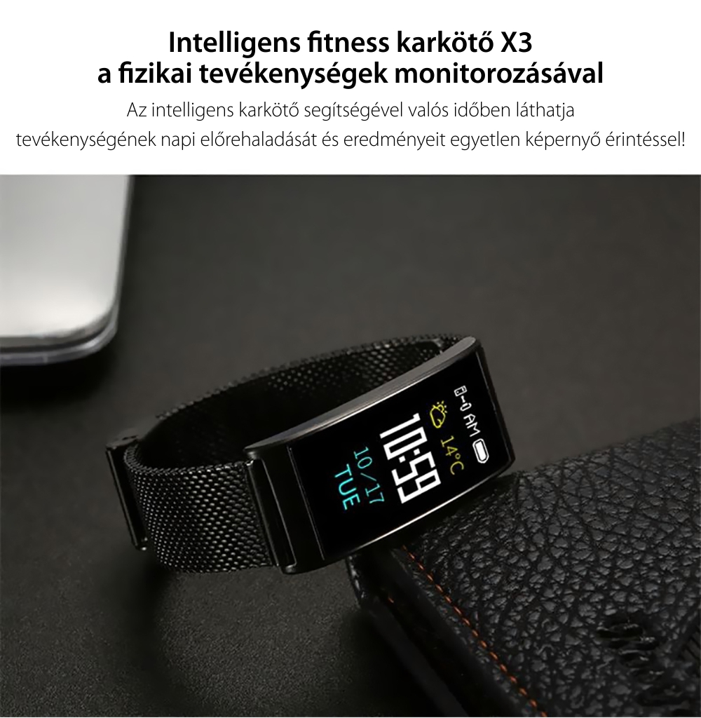 Intelligens fitnesz karkötő X3 Pulzusmérő funkció, Vérnyomásmérő funkció, Alvásfigyelő, Értesítések, Lépésszámláló, Bluetooth, Fekete