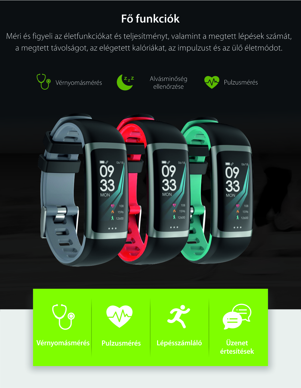 Intelligens fitnesz karkötő G26 Alvásfigyelősel, Pulzusmérő funkció, Vérnyomásmérő funkció, Időzítővel, Lépésszámláló, IP54, Piros