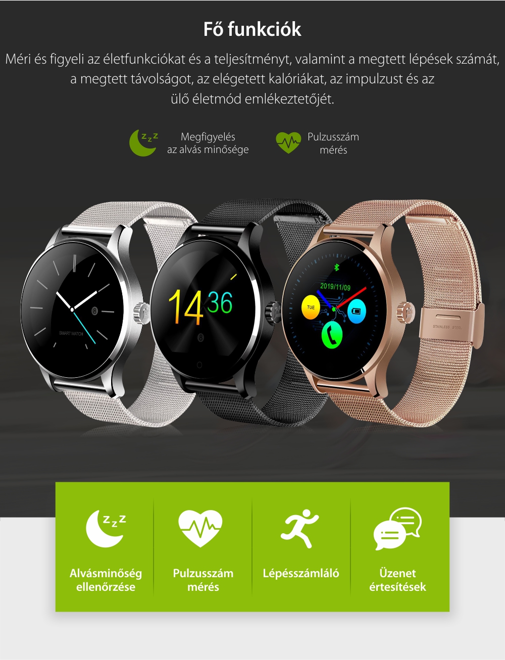 Okosóra TKY-K88H Bluetooth Tárcsázási funkcióval, Impulzusérzékelő, Alvásmonitor, Értesítésekkel, Lépésszámláló, Ezüst színű