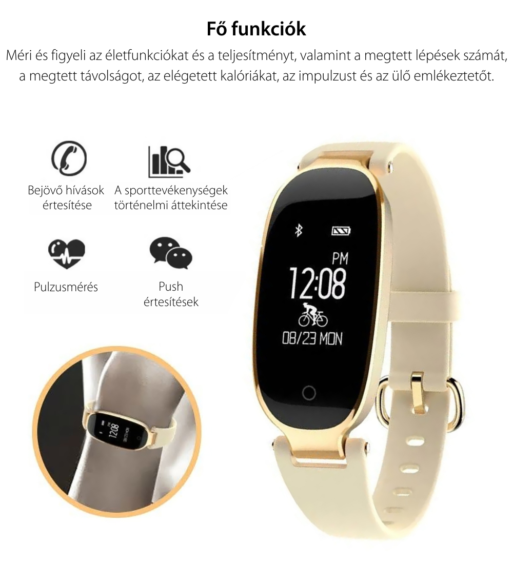 Intelligens fitnesz karkötő TKY-S3 Pulzusmérő funkció, Vérnyomásmérő funkció, Alvásfigyelés, Lépésszámláló, Értesítések, Arany színű