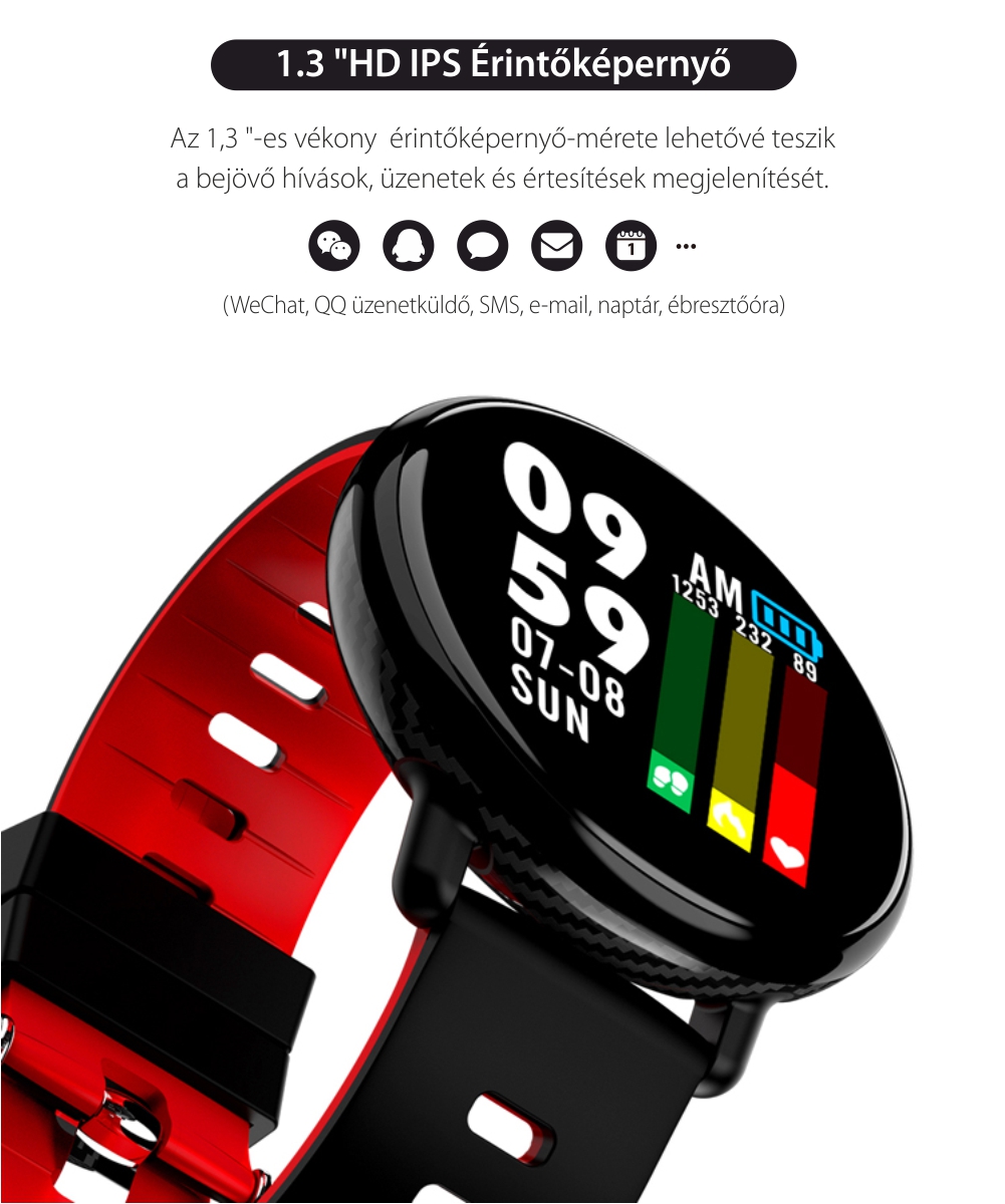 Intelligens fitnesz karkötő TKY-K1 Pulzusmérő funkció, Vérnyomásmérő funkció, Alvásfigyelő, Lépésszámláló, Értesítések, Piros