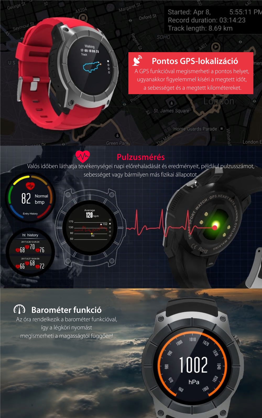 Okosóra TKY-T1 Tárcsázási funkcióval, pulzusszám, GPS, Barométer, Lépésszámláló, Piros