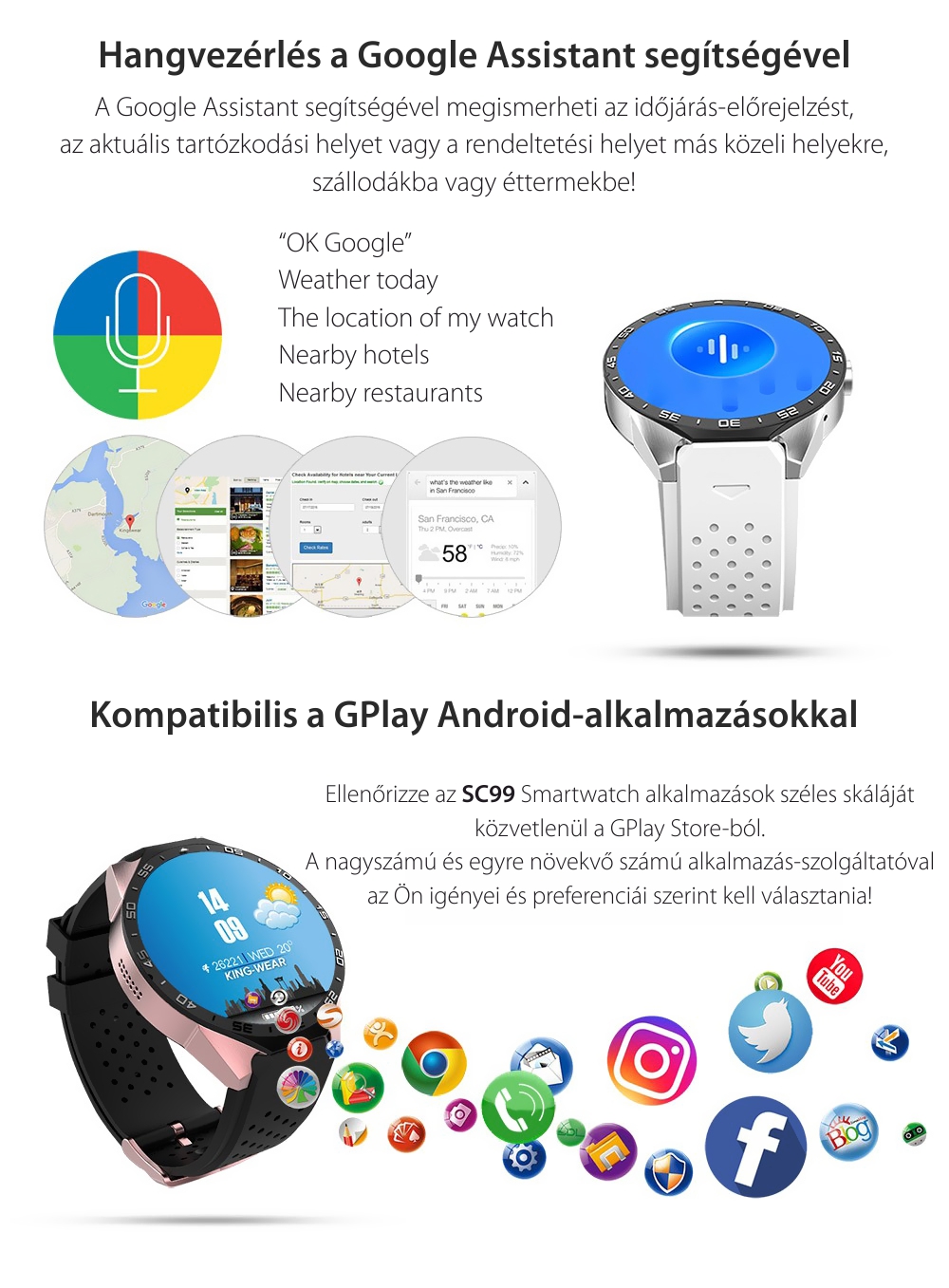 Okosóra S99C Tárcsázás funkcióval, Impulzus érzékelő, Kamera, Értesítések, Lépésszámláló, GPS, WiFi, Belső memória 2GB, 3G, Android, Fekete