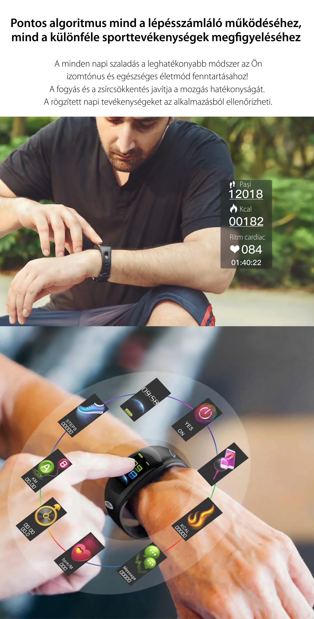 Intelligens fitnesz karkötő TKY-DM11 Pulzusmérő funkció, Alvásfigyelő, Lépésszámláló, Értesítések, Szürke