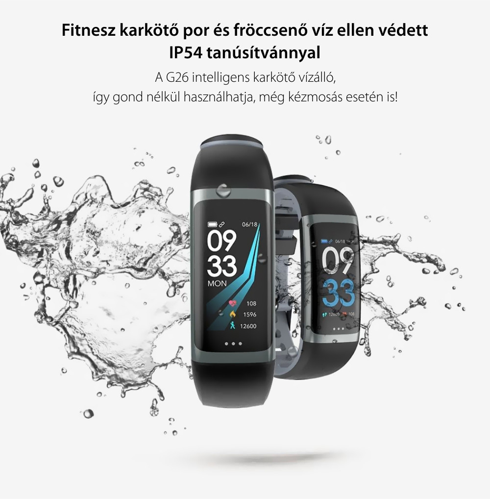 Intelligens fitnesz karkötő G26 Alvásfigyelősel, Pulzusmérő funkció, Vérnyomásmérő funkció, Időzítővel, Lépésszámláló, IP54, Piros