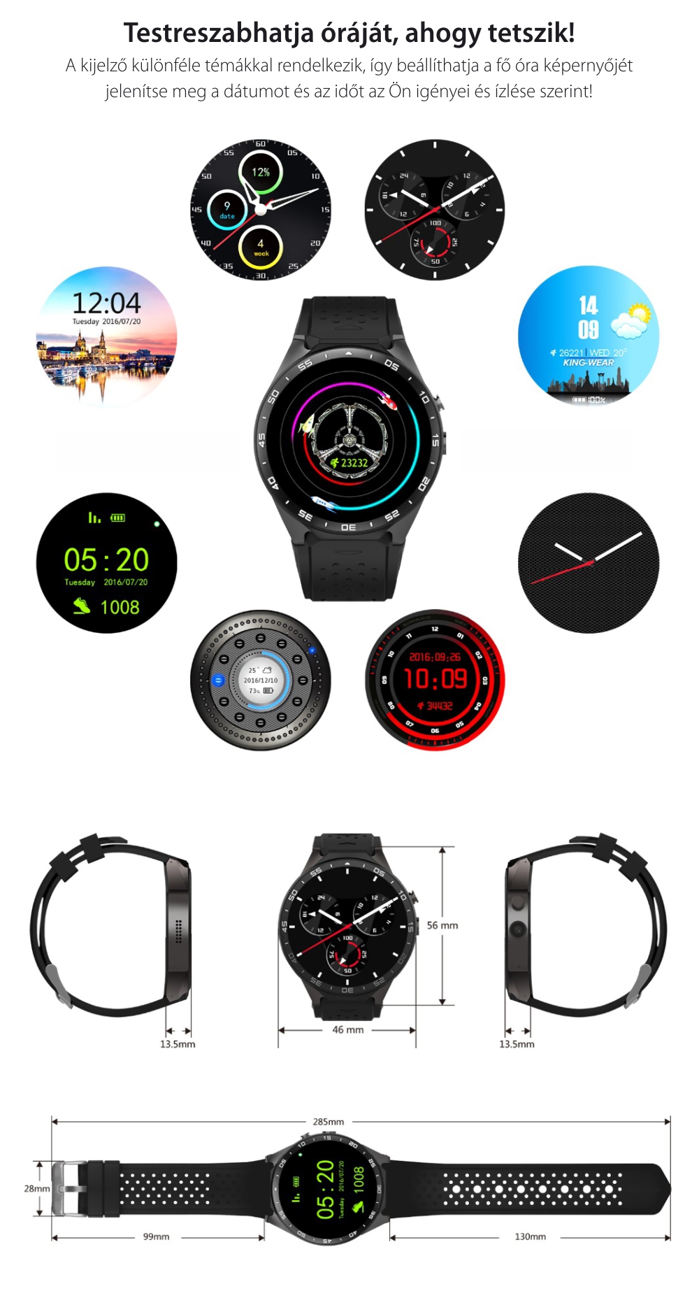Okosóra S99C Tárcsázás funkcióval, Impulzus érzékelő, Kamera, Értesítések, Lépésszámláló, GPS, WiFi, Belső memória 2GB, 3G, Android, Fekete