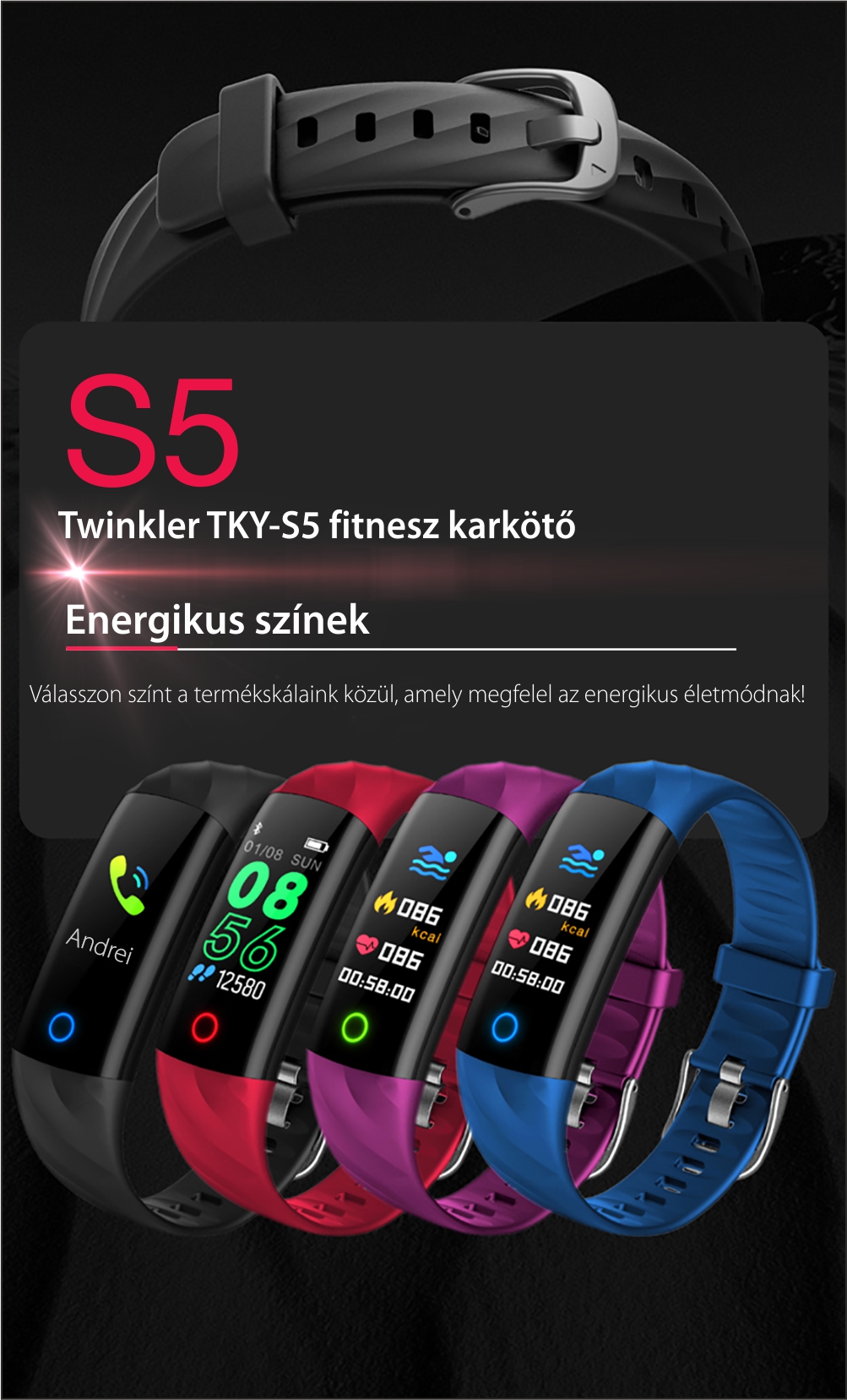 Intelligens fitnesz karkötő TKY-S5 Pulzusmérő funkció, Vérnyomásmérő funkció, Alvásfigyelés, Lépésszámláló, Értesítések, LED megvilágítás, Fekete