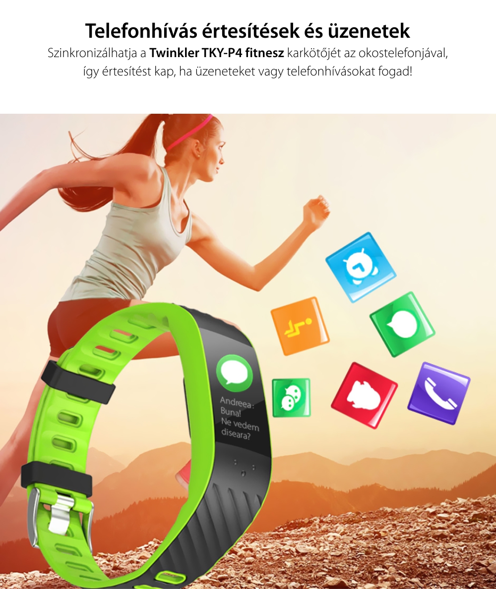 Intelligens fitnesz karkötő TKY-P4  Pulzusmérő funkció, Vérnyomásmérő funkció, Alvásfigyelő, Lépésszámláló, Értesítések, Narancssárga