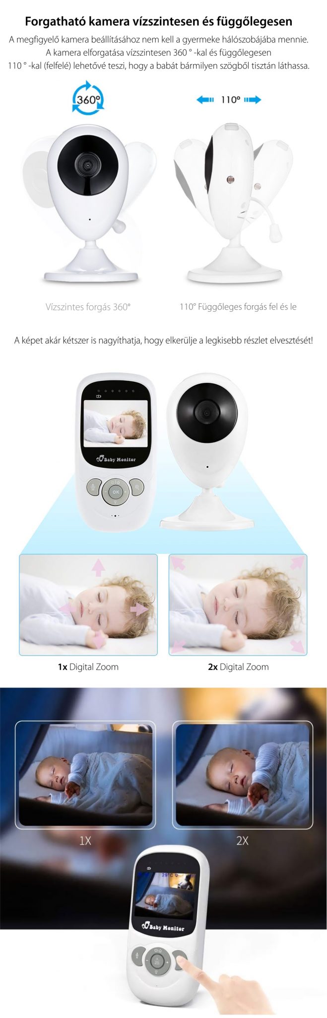 Bébiőr SP880 Vezeték nélküli, Audio-Video megfigyelés, Hőmérséklet-figyelés, Kétirányú kommunikáció, Altatódalok, Éjszakai látás, LED megvilágítás, Beépített akkumulátor