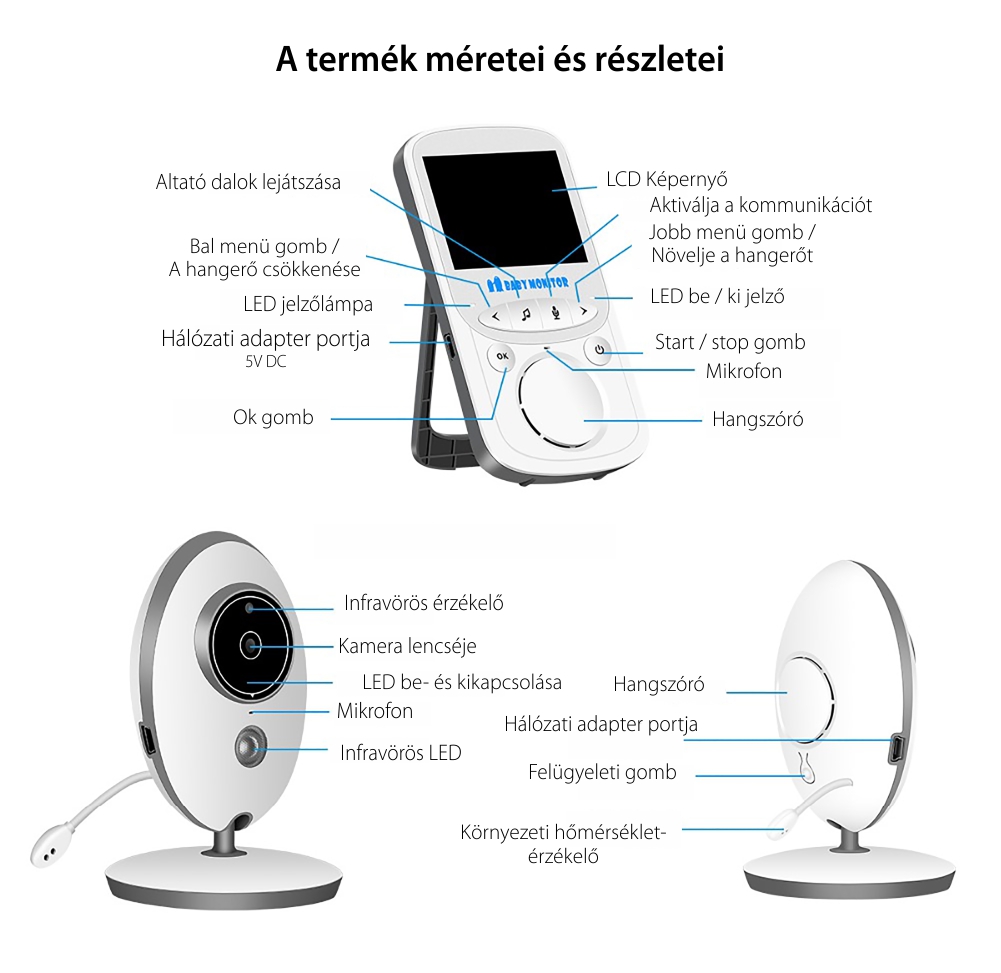 Bébiőr VB605 Vezeték nélküli, Audio-Video megfigyelés, Hőmérséklet-figyelés, Kétirányú kommunikáció, Altatódalok, Éjszakai látás, Beépített akkumulátor