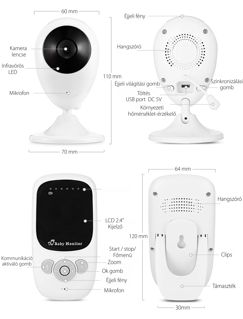 Bébiőr SP880 Vezeték nélküli, Audio-Video megfigyelés, Hőmérséklet-figyelés, Kétirányú kommunikáció, Altatódalok, Éjszakai látás, LED megvilágítás, Beépített akkumulátor