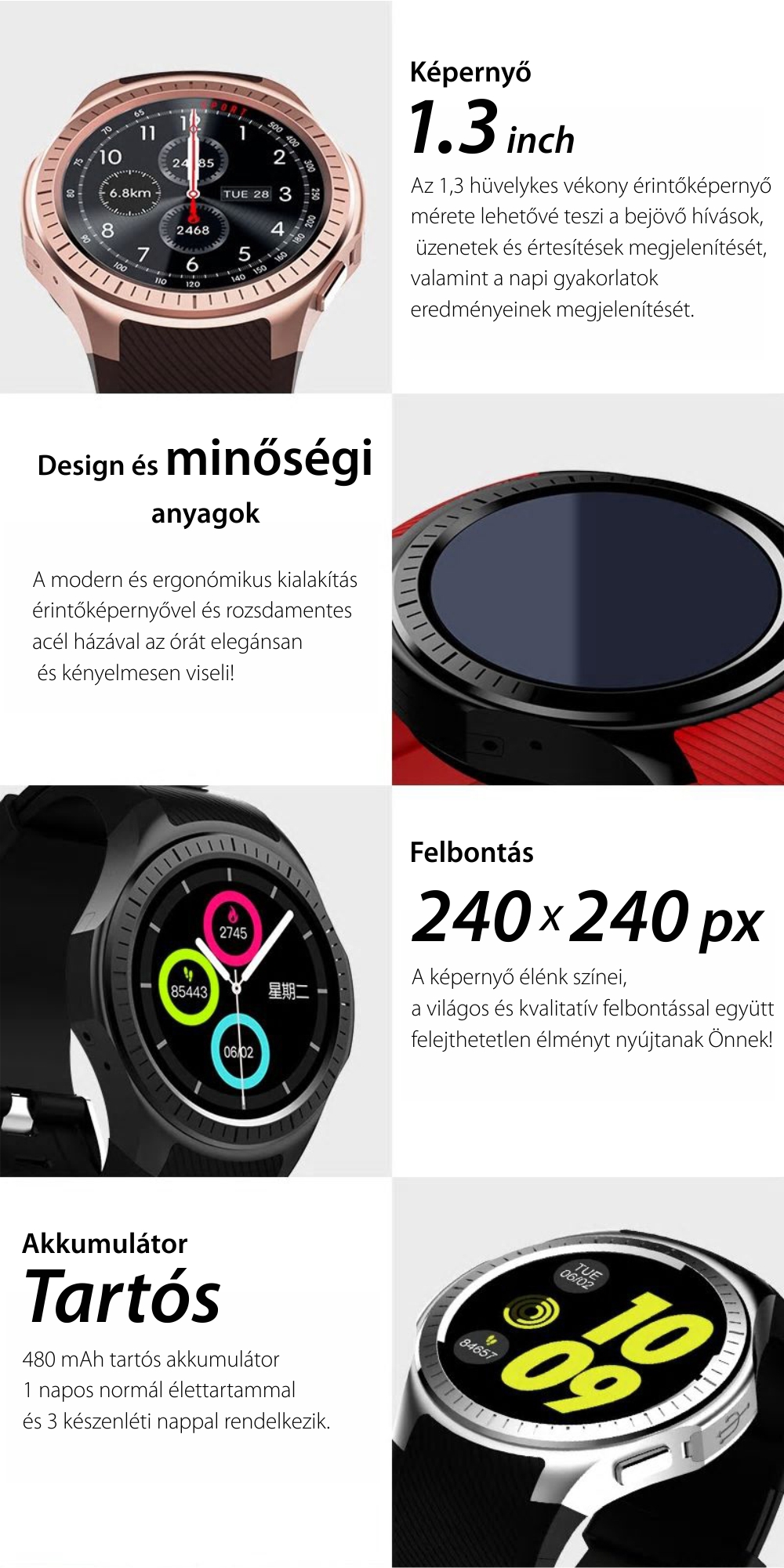 Okosóra TKY-L1 Tárcsázási funkcióval, Pulzusszám, Vérnyomás, Kamera, GPS, Barométer, Iránytű, Lépésszámláló, Értesítések, Piros
