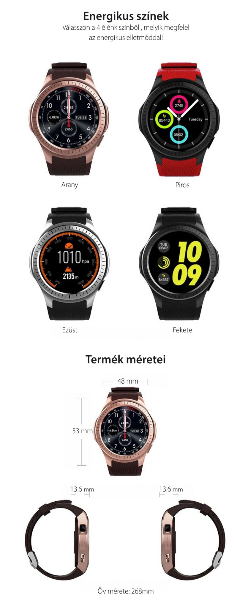 Okosóra TKY-L1 Tárcsázási funkcióval, Pulzusszám, Vérnyomás, Kamera, GPS, Barométer, Iránytű, Lépésszámláló, Értesítések, Piros