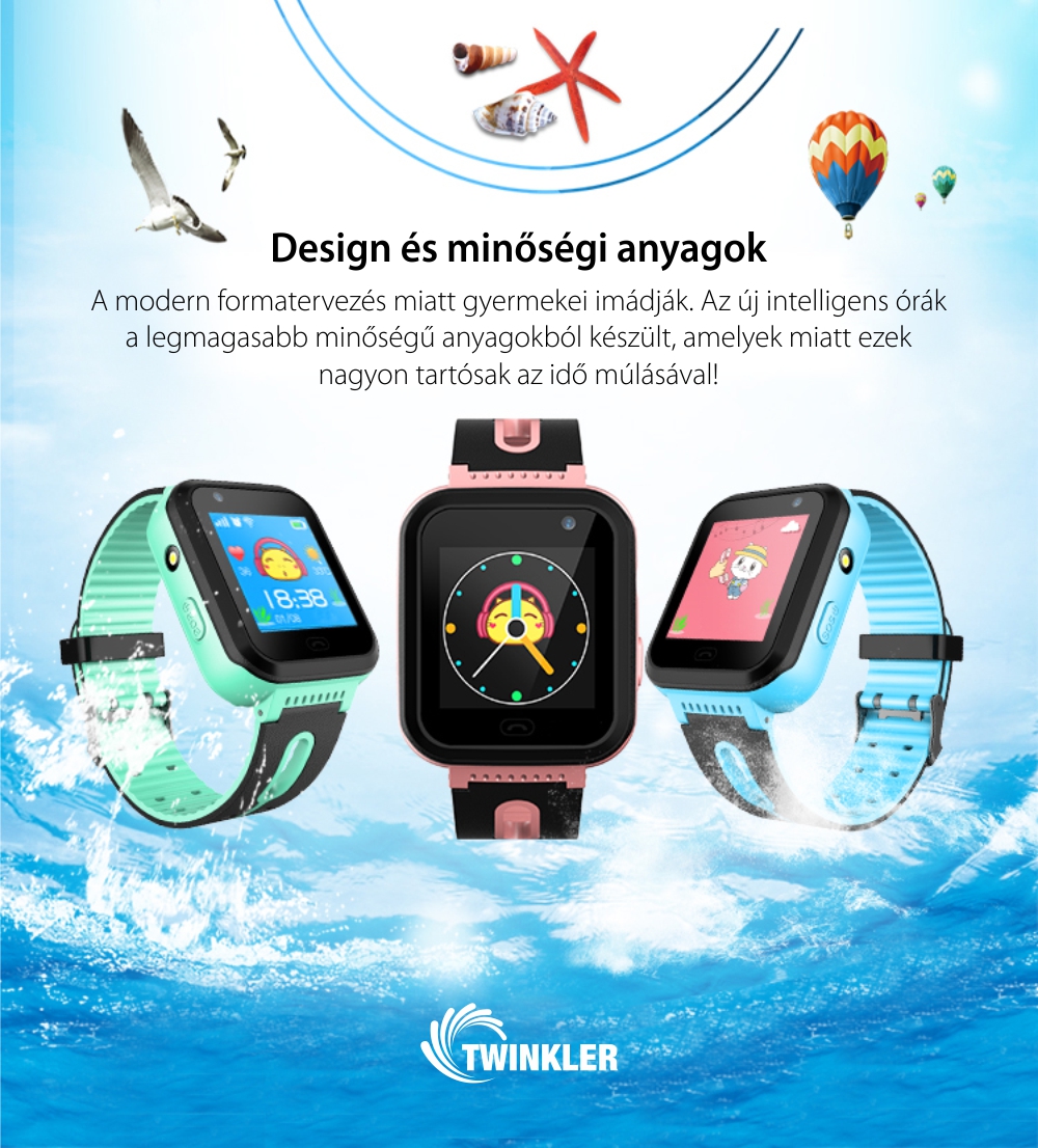 Okosóra gyerekeknek Twinkler TKY-S7 Tárcsázási funkcióval, GPS Nyomkövetők, Kamera, Zseblámpa, SOS, IP54, Kék