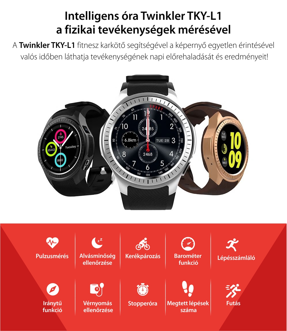 Okosóra TKY-L1 Tárcsázási funkcióval, Pulzusszám, Vérnyomás, Kamera, GPS, Barométer, Iránytű, Lépésszámláló, Értesítések, Piros