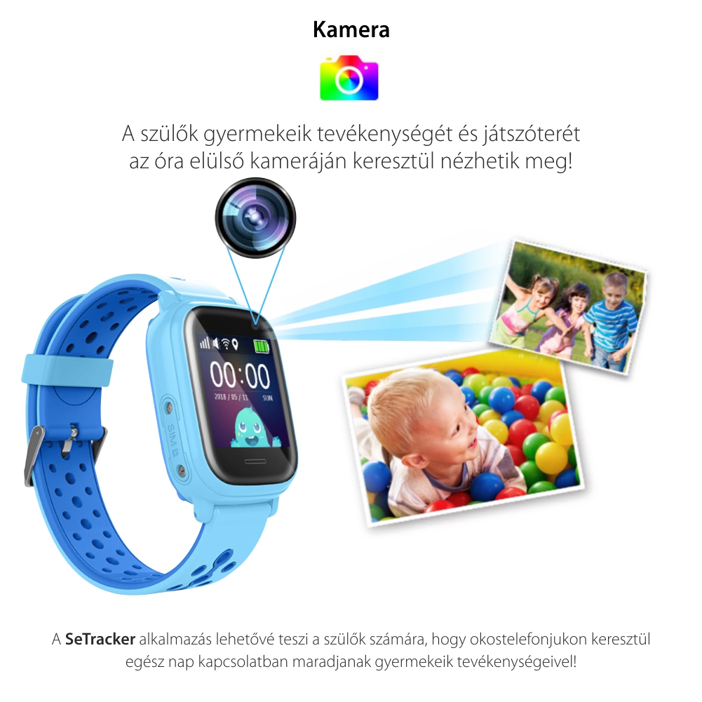 Promóciós csomag gyerekeknek + Üvegvédő fólia, Wonlex KT04 Telefon Funkcióval, GPS-vel, Fényképezőgéppel, Útvonal-előzményekkel, Figyelőhívással, IP54 – Kék