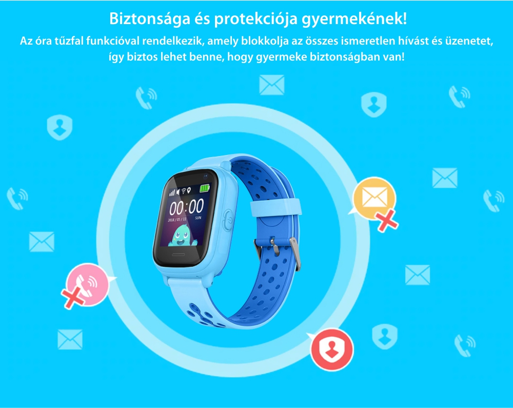 Promóciós csomag gyerekeknek + Üvegvédő fólia, Wonlex KT04 Telefon Funkcióval, GPS-vel, Fényképezőgéppel, Útvonal-előzményekkel, Figyelőhívással, IP54 – Kék