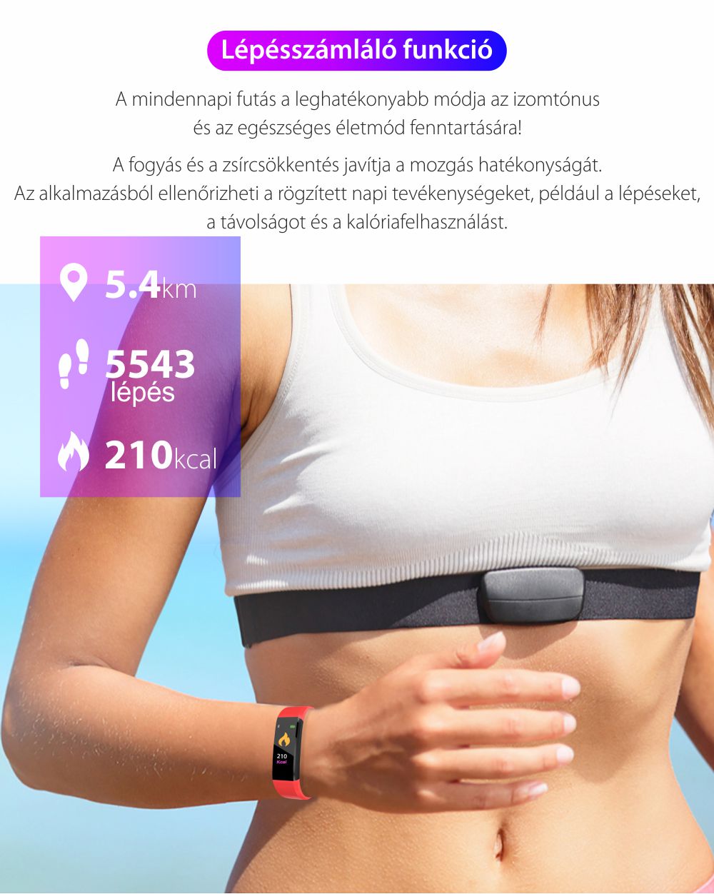 Intelligens fitnesz karkötő l15+ Vérnyomás és pulzusmérővel, Lila