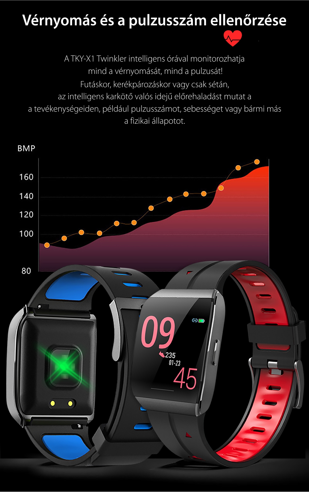 Okosóra TKY-X1 Pulzusmérő funkció, Alvásfigyelő, GPS tevékenységfigyelés, Útvonal előzmények, Hívás / SMS Értesítések, Piros