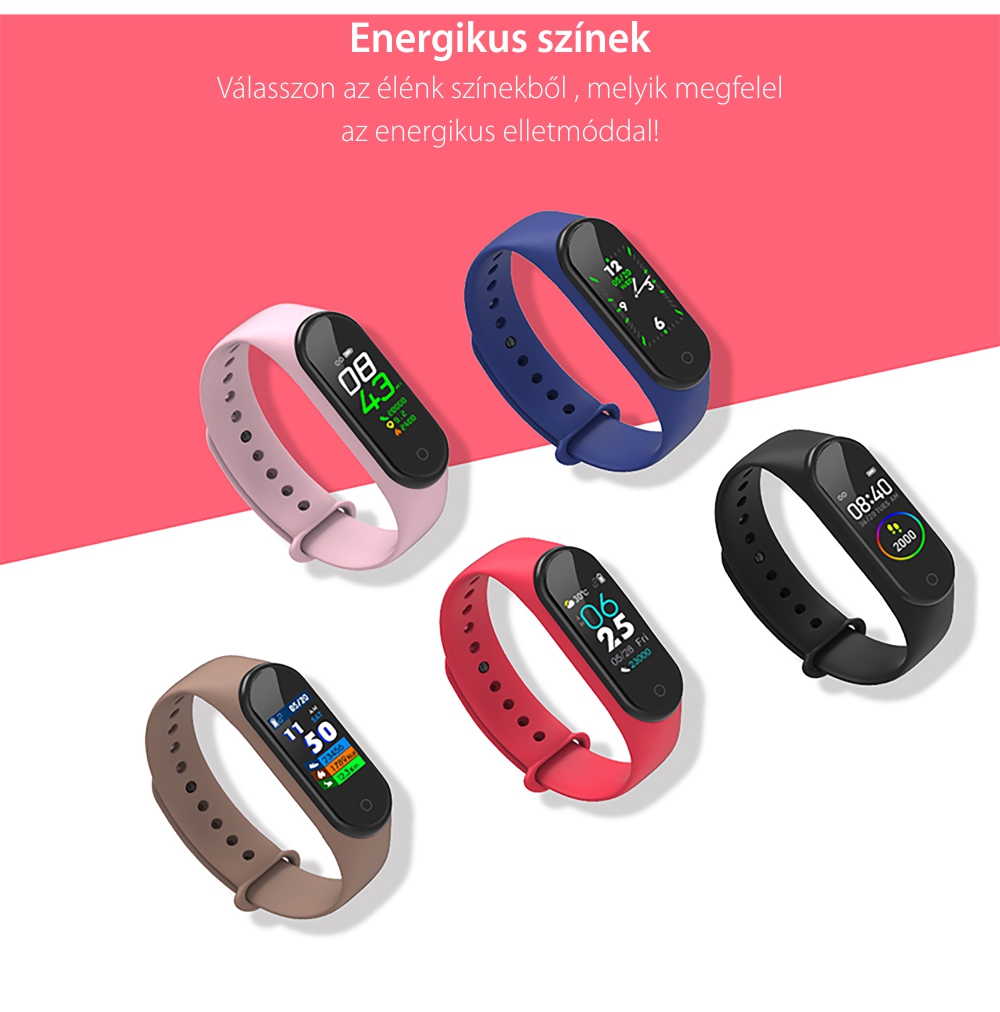 Intelligens fitnesz karkötő TKY-M4 Plusz, Vérnyomásméréssel, pulzusszámmal, oxigénszinttel, Értesítések, Lépésszámláló, Bluetooth, Mágneses töltés, Fekete