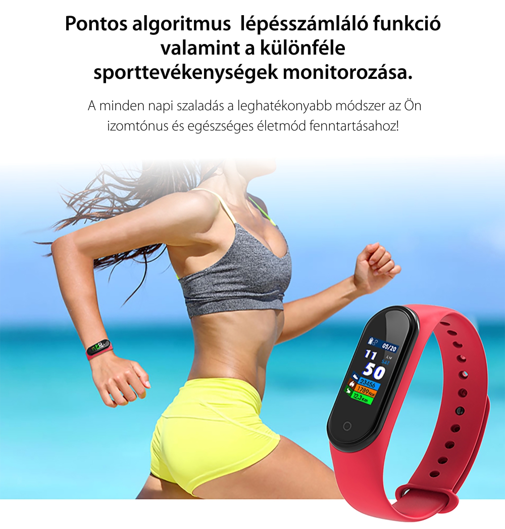 Intelligens fitnesz karkötő TKY-M4 Plusz, Vérnyomásméréssel, pulzusszámmal, oxigénszinttel, Értesítések, Lépésszámláló, Bluetooth, Mágneses töltés, Fekete