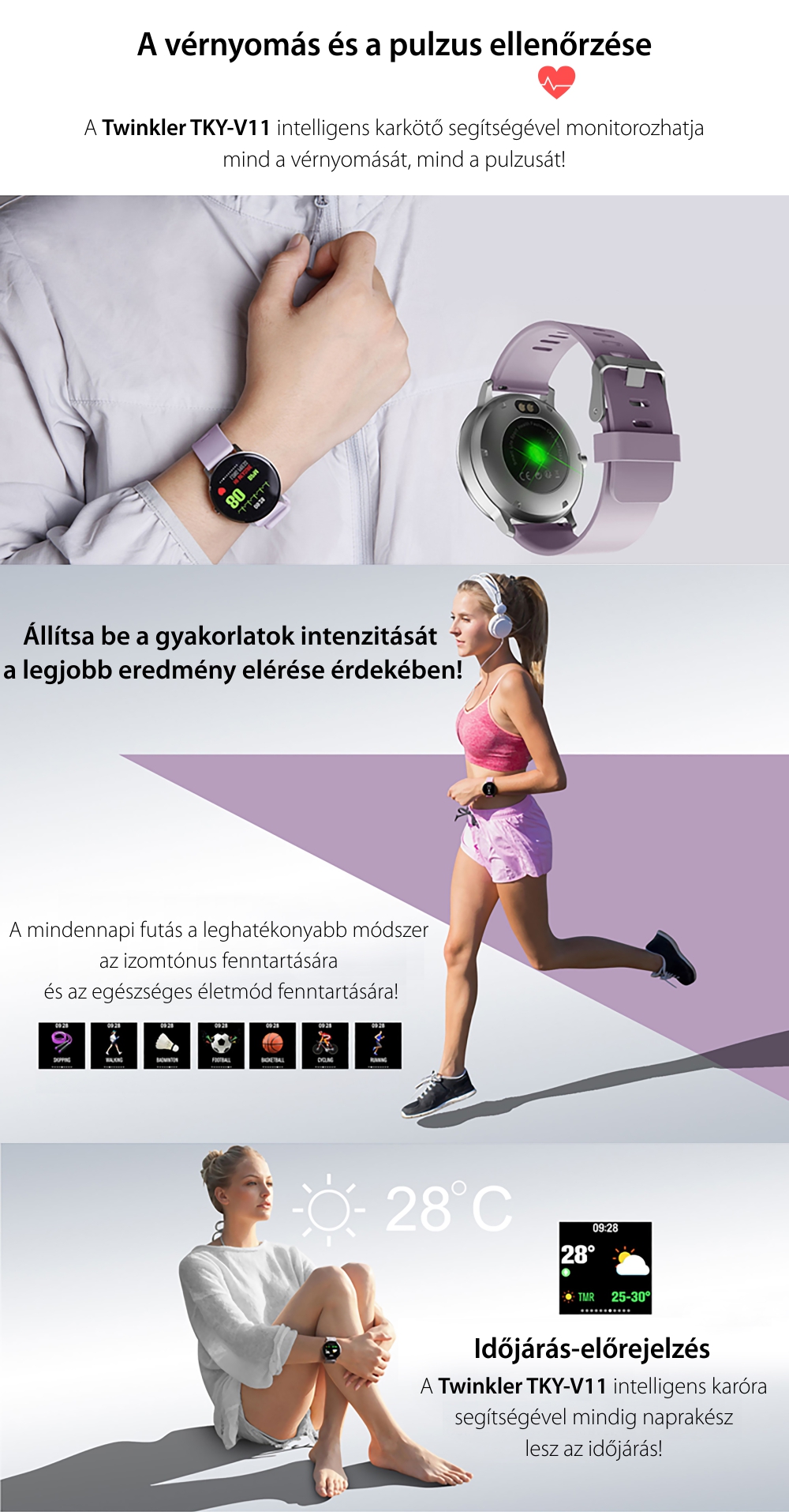 Okosóra TKY-V11 Pulzusmérő funkció, Vérnyomásmérő funkcióval, Alvásfigyelés, Hívás/SMS Értesítések, Véroxigénszint mérési funkcióval, Fekete