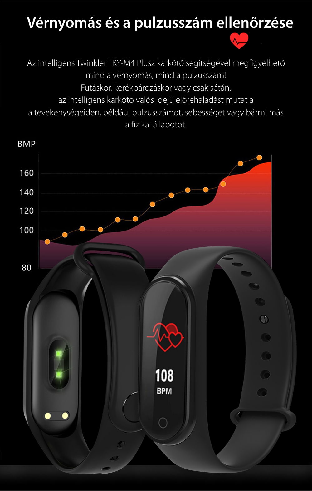 Intelligens fitnesz karkötő TKY-M4 Plusz, Vérnyomásméréssel, pulzusszámmal, oxigénszinttel, Értesítések, Lépésszámláló, Bluetooth, Mágneses töltés, Fekete