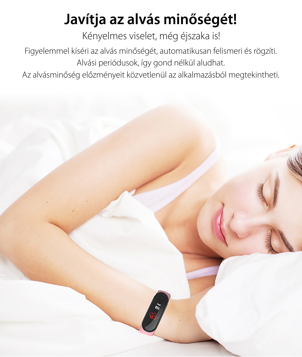 Intelligens fitnesz karkötő TKY-M4 Plusz, Vérnyomásméréssel, pulzusszámmal, oxigénszinttel, Értesítések, Lépésszámláló, Bluetooth, Mágneses töltés, Rózsaszín