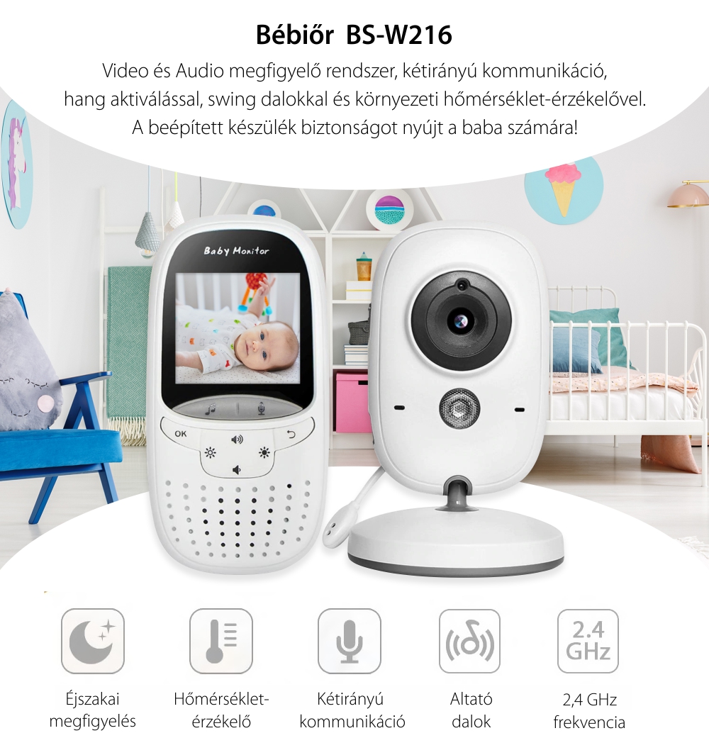 Bébiőr BS-W216 Vezeték nélküli, 2.0″ képernyővel, Audio-Video megfigyelés, Hőmérséklet-megfigyelés, Kétirányú kommunikáció, Altatódalok, Automatikus éjjellátó, Beépített akkumulátor