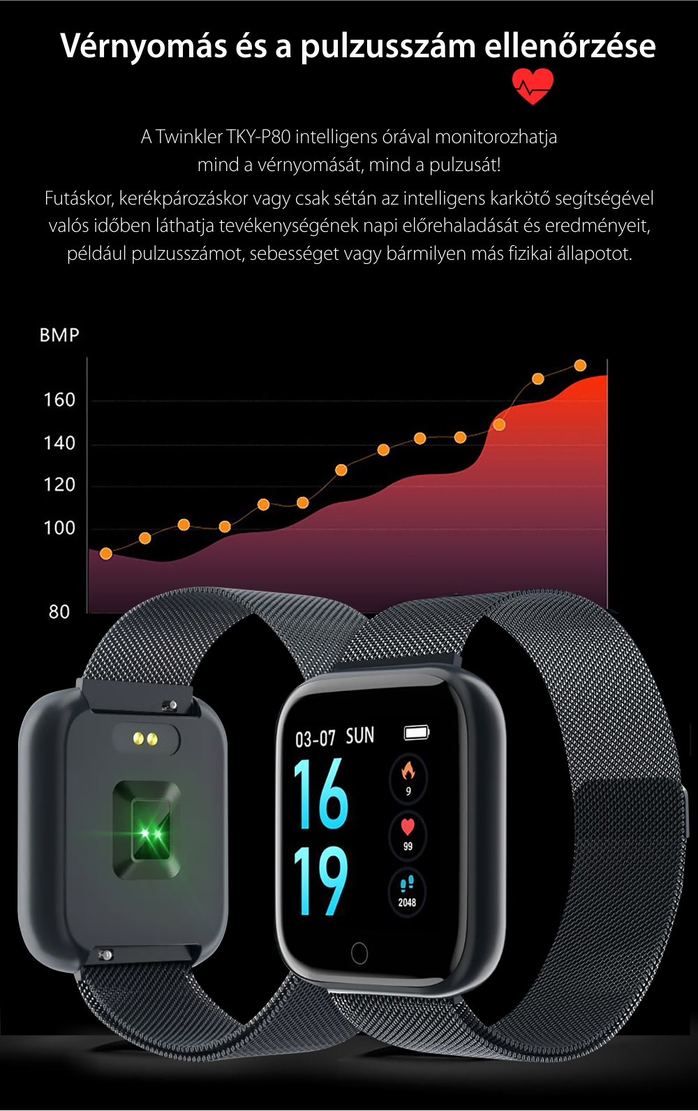Okosóra TKY-P80 Pulzusmérő funkció, Vérnyomásmérő funkcióval, Véroxigénszint mérési funkcióval, Alvásfigyelő, Hívás/SMS Értesítések, Bluetooth, Mágneses töltés, Fekete