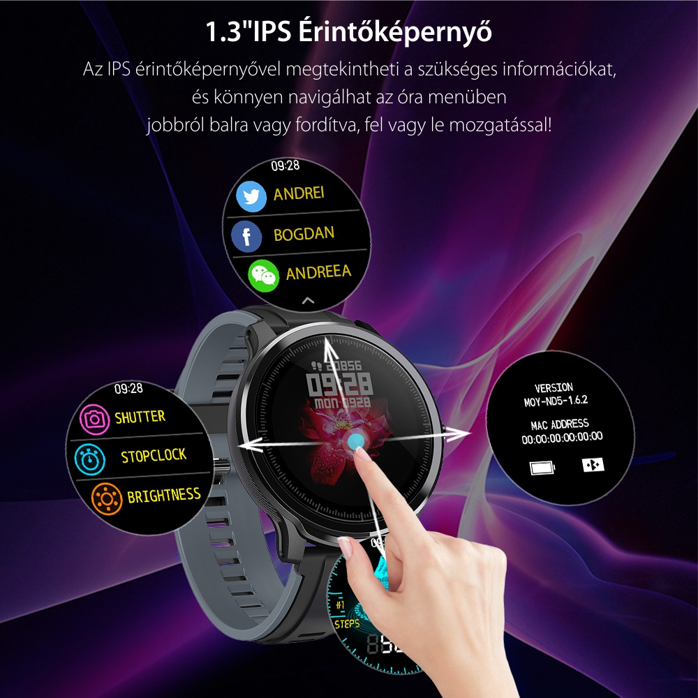 Okosóra TKY-QS80 Pulzusmérő funkció, Vérnyomás, oxigénszint, Lépésszámláló, Megtett Távolság, Elégetett Kalóriák, Hívás/SMS Értesítések, Fekete-Lila