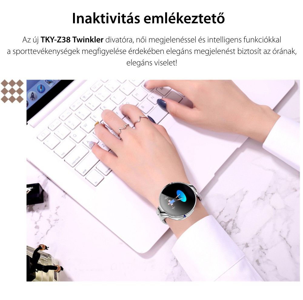 Okosóra Twinkler TKY-Z38 (S816) Pulzusmérő funkció, Vérnyomásmérő funkció, Alvásminőség, Értesítések, Üzenetek megtekintése, Hívás elutasító funkció, Ezüst színű