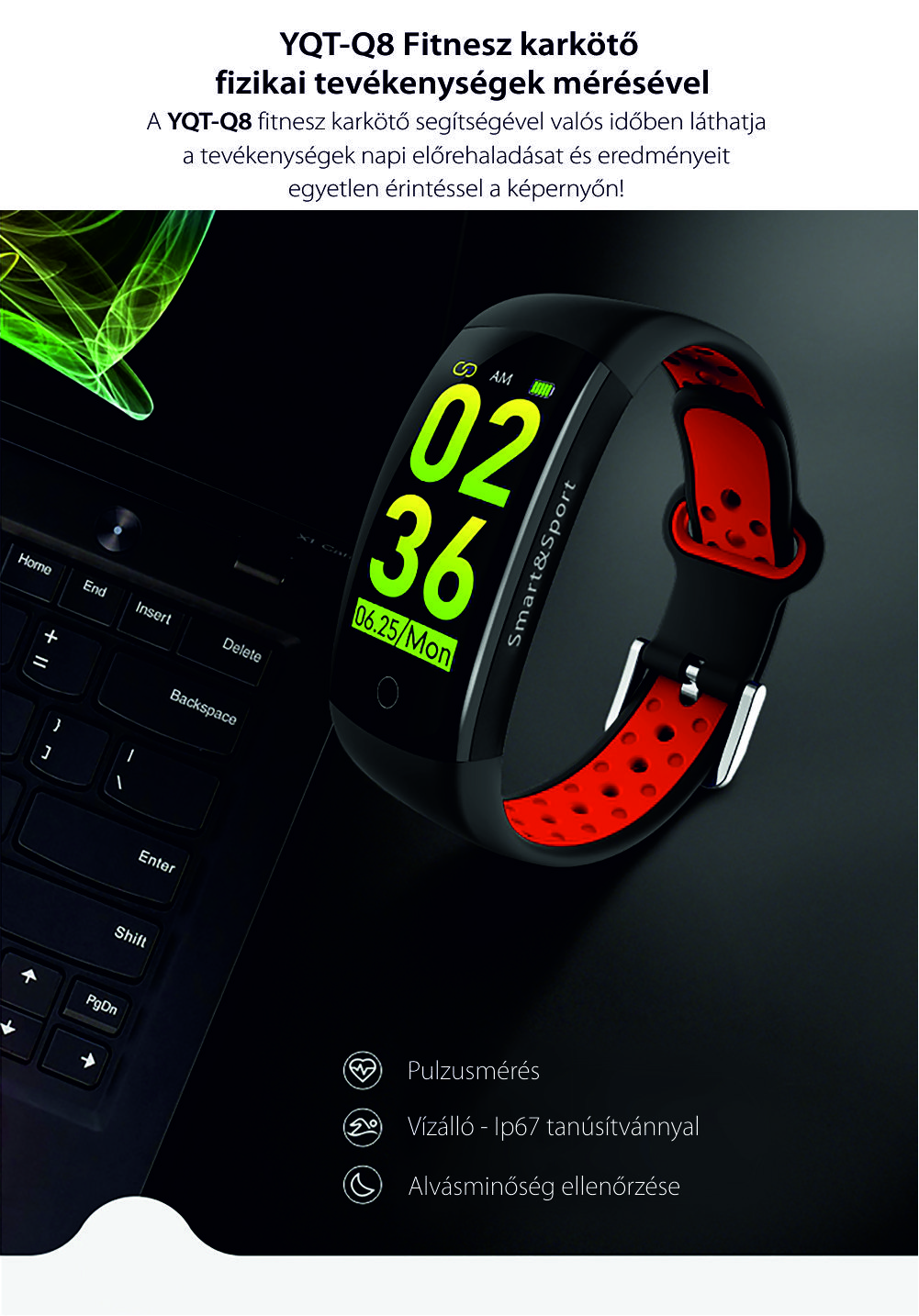 Intelligens fitnesz karkötő YQT Q8 Pulzusmérő funkció, Vérnyomásmérő funkció, Alvásfigyelő, Lépésszámláló, Értesítések, Fekete, Fekete – Szürke