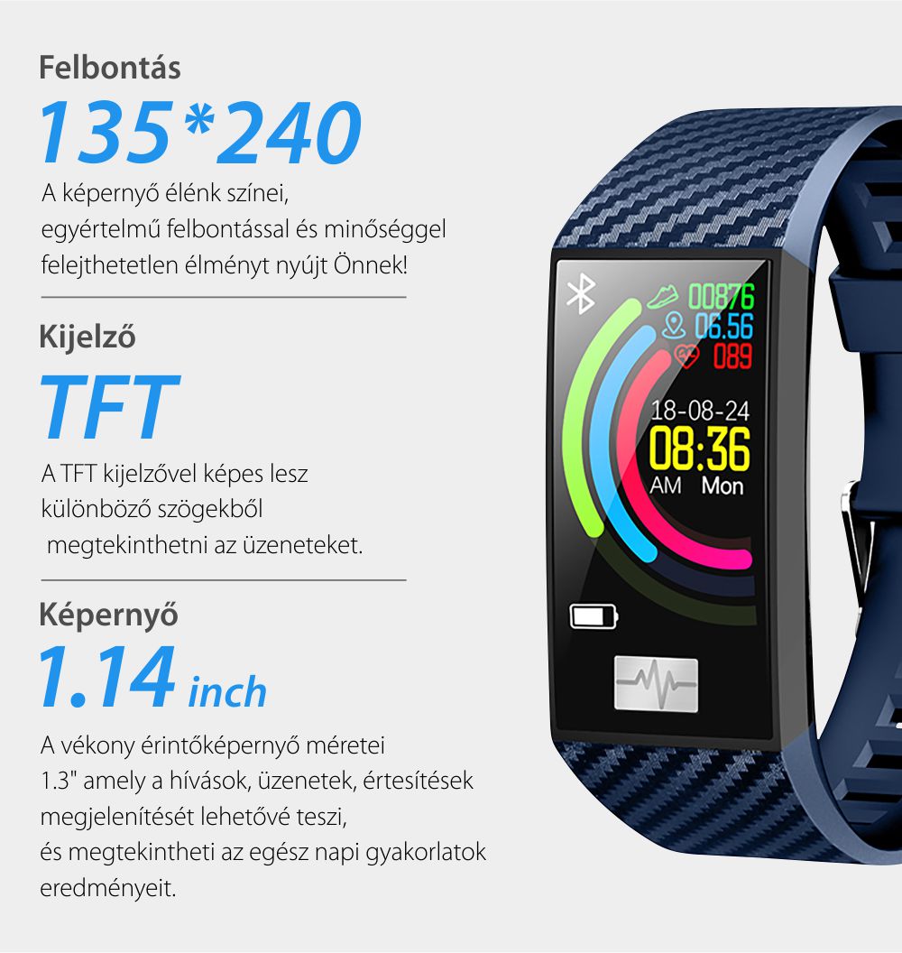 Intelligens fitnesz karkötő TKY-DT58 Plusz, Szívfrekvencia-variabilitást (HRV) monitorozó funkcióval, Vérnyomásmérő funkció, Megtett Távolság, Magasság, Légköri nyomás, Kék